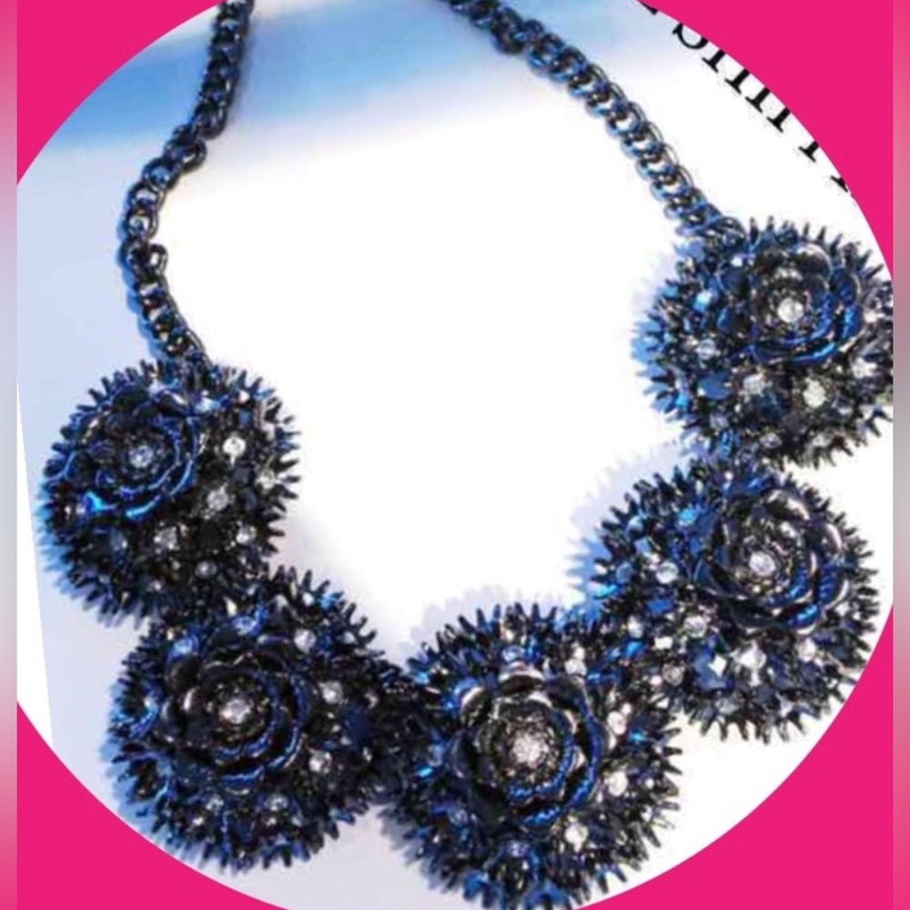 New black flower rhinestone statement necklace gunmetal necklace Y2K necklace